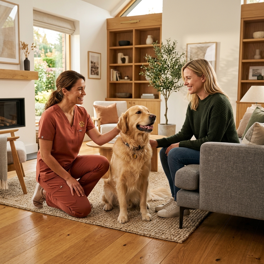 Retriever feliz com fisioterapeuta em casa